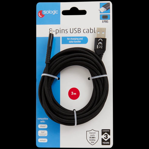 Cablu de Încărcare și Date Sologic Lightning 8 Pini - 3 Metri, Rezistență Sporită