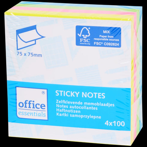 ACTION - Cub de notițe adezive Office Essentials - Set 4 culori, 76x76mm, Hârtie FSC®