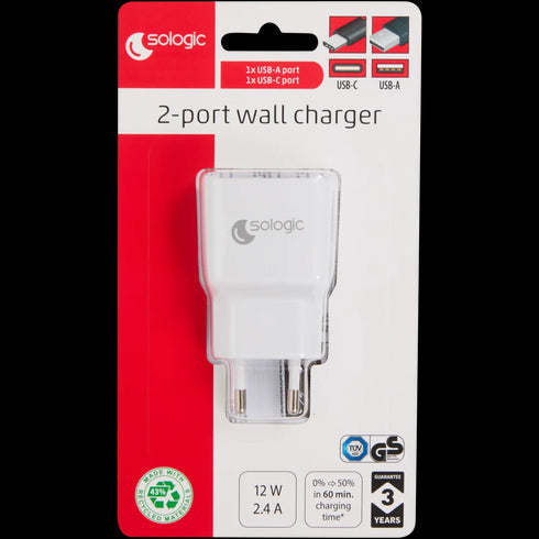 Încărcător de Perete Sologic Puternic - 12W, Dual USB-A & USB-C, Încărcare Rapidă