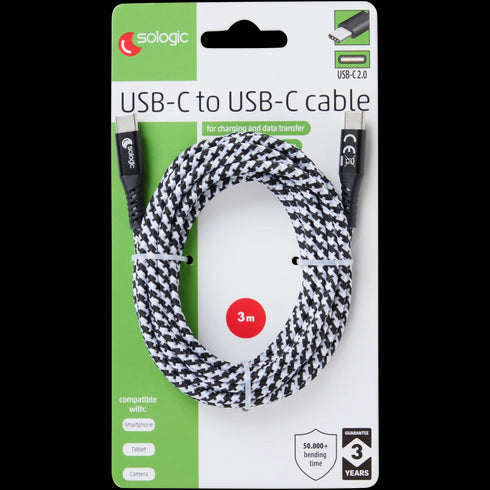 Cablu Sologic USB-C la USB-C Premium - 3 Metri, 60W, Ultra Rezistent, Ideal pentru Transfer Rapid de Date și Încărcare Eficientă