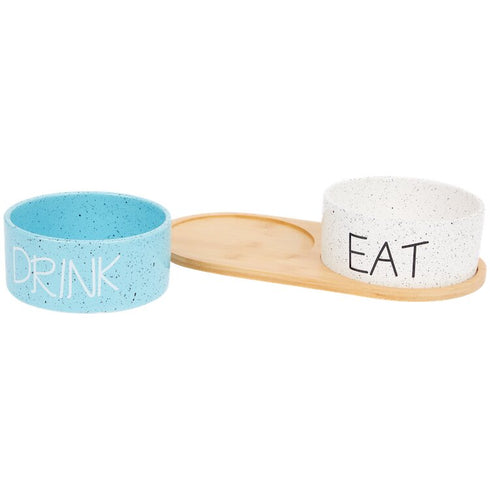Set 2 castrone ceramice Drink & Eat ø15 cm cu suport de bambus pentru caine sau pisica, 3 piese, Multicolor