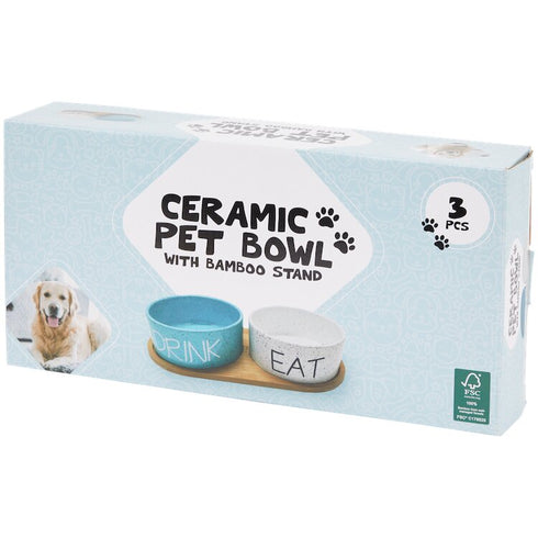 Set 2 castrone ceramice Drink & Eat ø15 cm cu suport de bambus pentru caine sau pisica, 3 piese, Multicolor