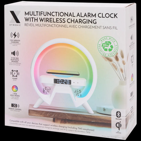 Ceas Deșteptător Digital Xtronic - Încărcare Wireless QI, Lumini LED RGB și Difuzor Bluetooth