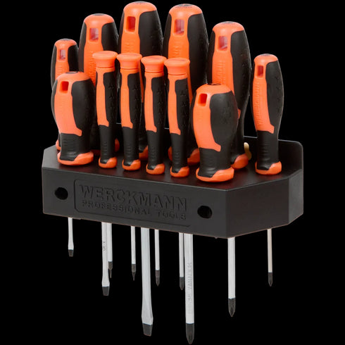 Set Profesional de 12 Șurubelnițe Werckmann - Cr-V, Magnetice, cu Sistem de Depozitare - Esențial pentru Orice Atelier