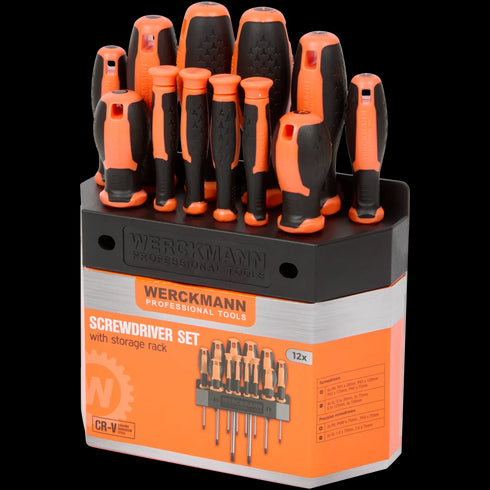 Set Profesional de 12 Șurubelnițe Werckmann - Cr-V, Magnetice, cu Sistem de Depozitare - Esențial pentru Orice Atelier