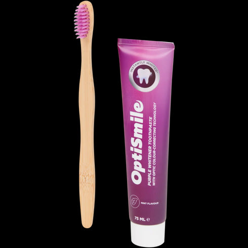 Pastă și periuță de dinți OptiSmile Purple Whitening - Zâmbet Strălucitor!