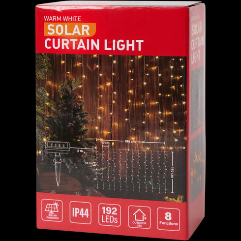 Perdea Luminoasă Solară de Crăciun - 8 Moduri Iluminare, Alb Cald