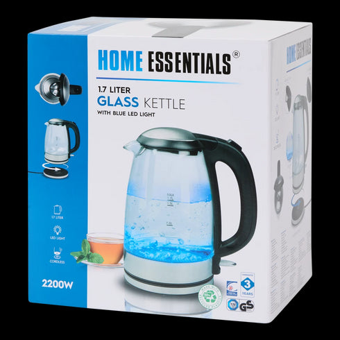 Fierbător Elegant din Sticlă Home Essentials - 1.7L, 2200W, Lumină LED Albastră