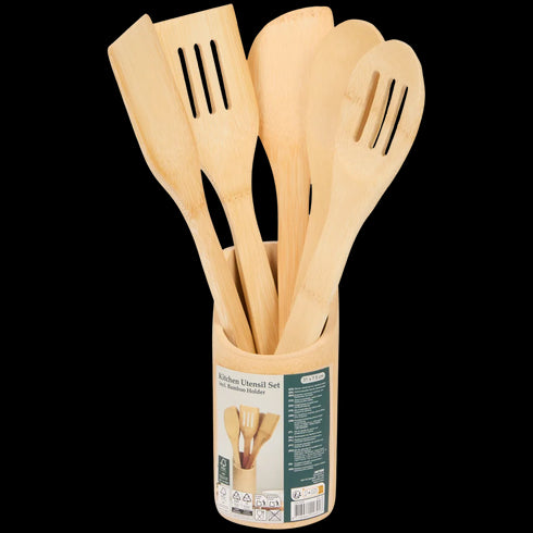 Set Elegant de Ustensile de Bucătărie din Bambus cu Suport - Esențial pentru Orice Bucătărie Modernă