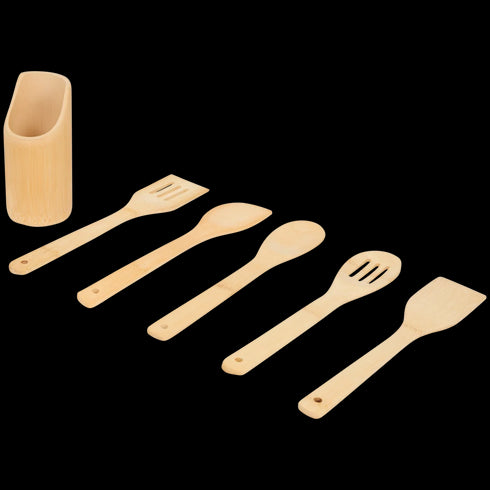 Set Elegant de Ustensile de Bucătărie din Bambus cu Suport - Esențial pentru Orice Bucătărie Modernă