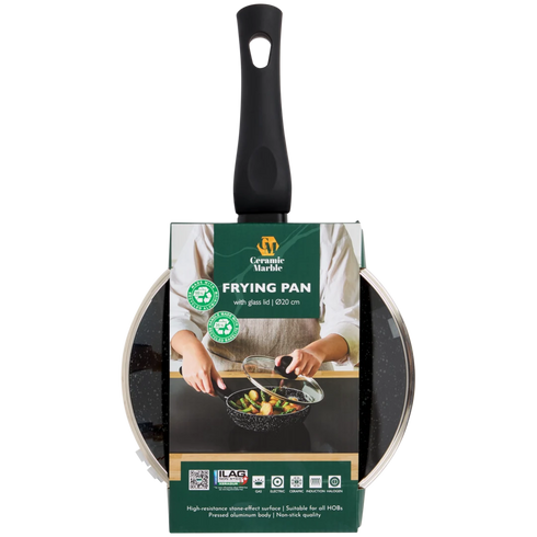 Tigaie Premium cu Acoperire de Marmură și Capac - Ideală pentru Toate Sursele de Căldură