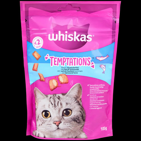 Gustări Irresistibile Whiskas Temptations Somon și Fructe de Mare - Răsfățul Felin