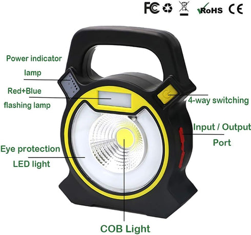 Lanterna portabila 4in1 LED COB 10W reincarcabila, 4 moduri de luminiozitate, Avertizare flash rosie si albastra, IP66, Functie Power Bank, Negru