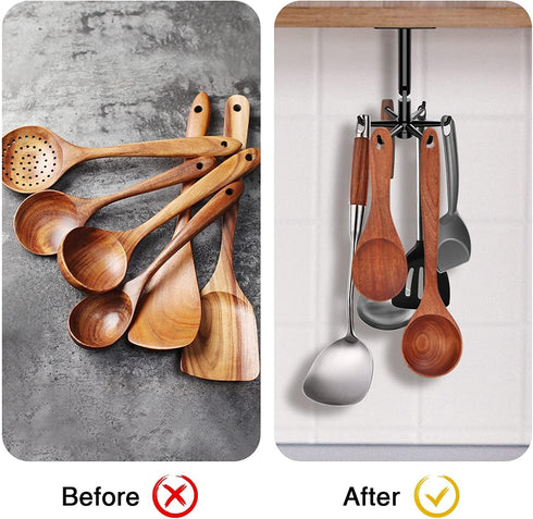 Suport rotativ pentru ustensile de bucatarie cu 6 carlige, material ABS, lungime 11 cm, Negru