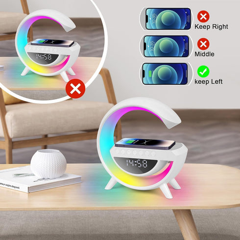 Lampa Smart G 5in1 m MU®, Lumini Ambientale LED RGB, Incarcator Wireless 15W, Muzica Bluetooth, USB, FM Radio, MicroSD, AUX, Ceas Digital, Alarma, 5W, Alb