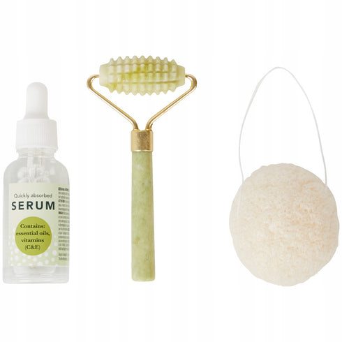 Set de ingrijire faciala 3in1, ulei esential cu vitamine, rolă de jad si burete konjac