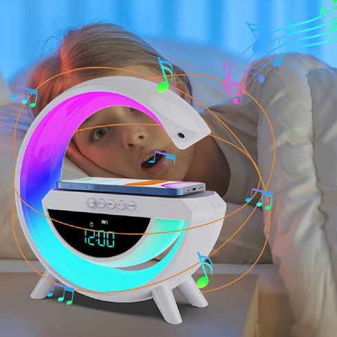 Lampa Smart LED RGB si Incarcator Wireless 15W, Lumini Ambientale, Sincronizare muzicala, Difuzor 5W, Muzica Bluetooth, USB, FM Radio, MicroSD, AUX, Afisaj Ceas Digital, Alarma, Alb
