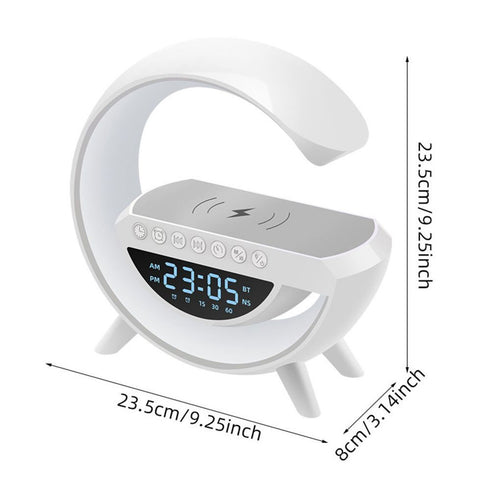 Lampa Smart LED RGB si Incarcator Wireless 15W, Lumini Ambientale, Sincronizare muzicala, Difuzor 5W, Muzica Bluetooth, USB, FM Radio, MicroSD, AUX, Afisaj Ceas Digital, Alarma, Alb