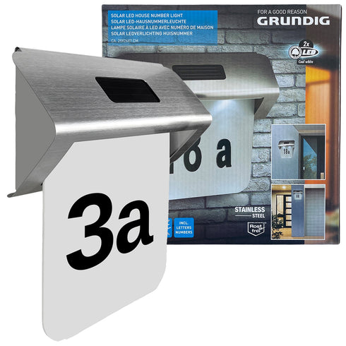 Numar de casa Grundig cu incarcare solara, iluminare LED, aprindere automata, otel inoxidabil, 1,2V, Gri