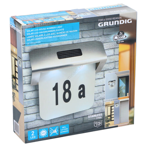 Numar de casa Grundig cu incarcare solara, iluminare LED, aprindere automata, otel inoxidabil, 1,2V, Gri