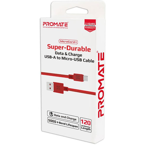 Cablu de date si incarcare PROMATE MicroUSB, Rosu - EPLUS.uno