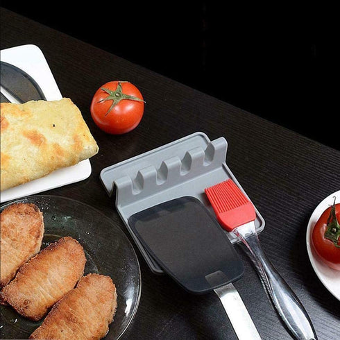 Suport din silicon pentru ustensile de bucatarie, Suprafata de picurare, 4 orificii, Usor de curatat, 14.3x12.7x5 cm, Gri