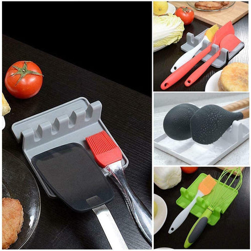 Suport din silicon pentru ustensile de bucatarie, Suprafata de picurare, 4 orificii, Usor de curatat, 14.3x12.7x5 cm, Gri