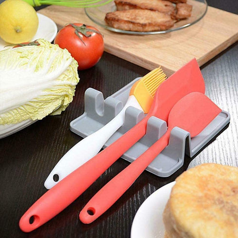 Suport din silicon pentru ustensile de bucatarie, Suprafata de picurare, 4 orificii, Usor de curatat, 14.3x12.7x5 cm, Gri