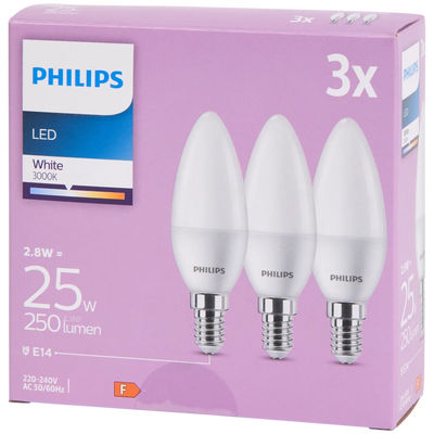 Bec LED tip Lumânare Philips E14 - 2.8W (250 lumeni) - Lumină Albă Caldă