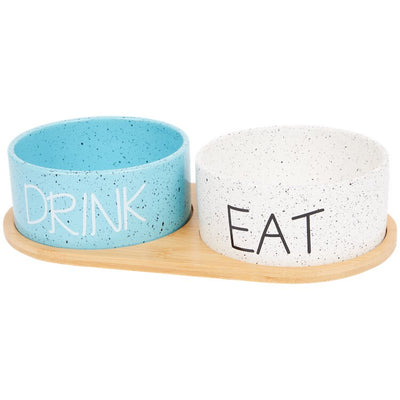 Set 2 castrone ceramice Drink & Eat ø15 cm cu suport de bambus pentru caine sau pisica, 3 piese, Multicolor