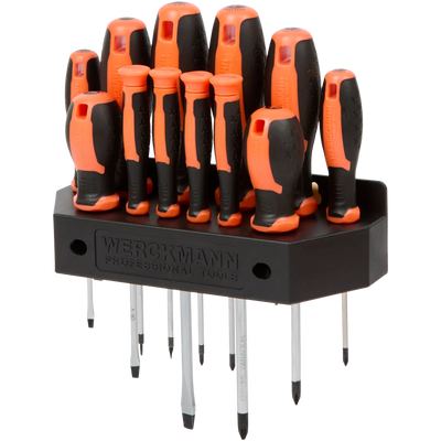 Set Profesional de 12 Șurubelnițe Werckmann - Cr-V, Magnetice, cu Sistem de Depozitare - Esențial pentru Orice Atelier
