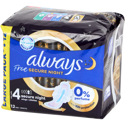 Absorbante Intime Always Free Secure Night - Mărimea 4, 12 bucăți - Protecție Maximă Noaptea