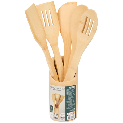 Set Elegant de Ustensile de Bucătărie din Bambus cu Suport - Esențial pentru Orice Bucătărie Modernă